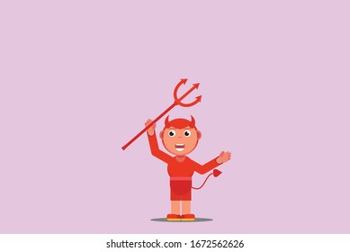 Happy Halloween character - An illustration of a little boy wearing a devil costume and holding a trident. This character illustration can use as a sticker also.