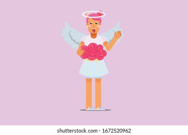 Happy Halloween character - An illustration of a pretty girl wearing an angel suit holding a big brain. This character illustration can use as a sticker also.