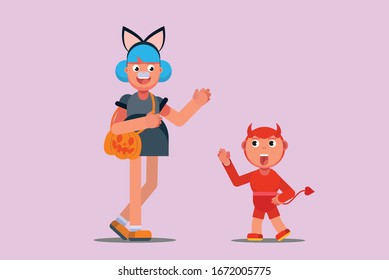 Happy Halloween character - An illustration of a sister in a cat costume and a brother in a devil costume greet each other.