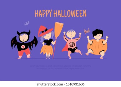 Happy halloween character poster with pumpkin, bat, witch and skeleton. Creative Child design for promotion