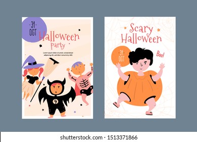 Happy halloween character poster set with pumpkin, bat, witch and skeleton children. Creative Child design for promotion