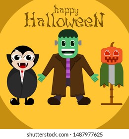 Happy Halloween Character Set : Dracula, Frankenstein & Pumpkin Head Vector