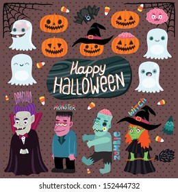 Happy Halloween character set - ghost, pumpkin, witch, dracula, monster, zombie, bat, brain, tree