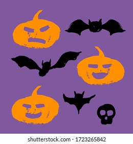 happy Halloween character set. pumpkins, bats and skull - brush outline drawings. flat vector illustration isolated