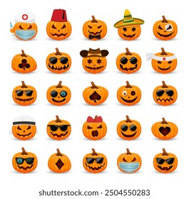 Personaje de Halloween feliz. Conjunto de calabazas con diferentes disfraces de expresiones faciales de Halloween. Cada calabaza está decorada con accesorios únicos como sombreros, gafas, máscaras y otros Elementos.