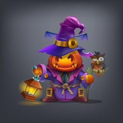 Happy Halloween Character - Spooky Scarecrow With Of Head Pumpkin,lantern And Cute Owl Isolated On Dark Background. Vector Illustration.
