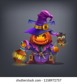 Happy Halloween character - spooky scarecrow with of head pumpkin,lantern and cute owl isolated on dark background. Vector illustration.