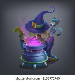 Happy Halloween character - spooky witch cooks a magic pink potion in pot isolated on dark background. Vector illustration.