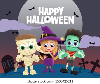 Happy halloween characters in cemetery vector background design. Happy halloween greeting text in circle frame and empty space for message with scary creature of mummy, witch and zombie.