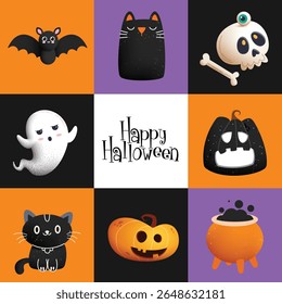 Feliz Halloween personagens clipart set. Dia das Bruxas padrão perfeito em conceito geométrico com morcego, crânio, fantasma, abóbora e caldeirão elementos em fundo colorido para horror partido ícone adesivo 