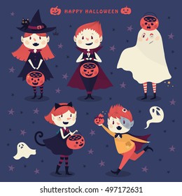 Happy Halloween characters, cute children dressing like witch, vampire, spooky, cat and frankenstein