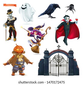 Happy Halloween. Characters and objects 3d vector set. Skeleton, pumpkin scarecrow, witch, ghost, raven, spider, vampire, gate to the cemetery.