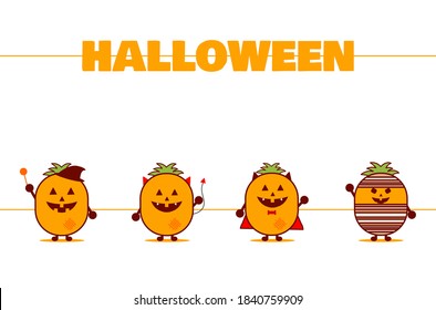 Happy Halloween. Characters of pineapples, witches, devils, vampires and mummies. Cartoon cute style pineapple. Halloween party