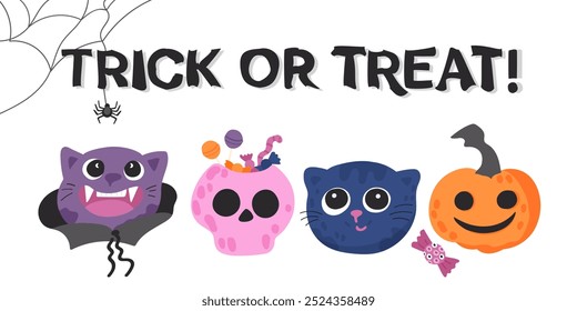 Happy halloween characters vector banner design. Trick or treat greeting card with cat, skull, pumpkin Jack-o-Lantern decoration elements in white background. Cute creepy boo invitation.