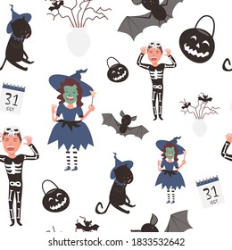 Happy Halloween! Cheerful pattern, children and a cat in festive costumes of a witch and a skeleton, a bat, decor, pumpkin jack. Vector illustration, cartoon.