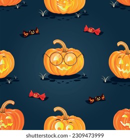 Happy Halloween cheerful seamless pattern. Dark background with smiling orange pumpkins, sweets and witch items in cartoon style for gift wrapping, fabric or paper. Vector