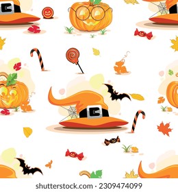 Happy Halloween cheerful seamless pattern. White background with smiling orange pumpkins, sweets and witch items in cartoon style for gift wrapping, fabric or paper. Vector