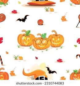 Feliz Día de Halloween alegre patrón sin fisuras. Fondo blanco con calabazas anaranjadas sonrientes, caramelos y objetos brujos al estilo de dibujos animados para envoltura de regalo, tela o papel. Vector