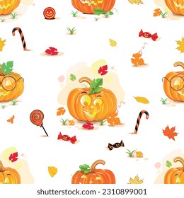 Happy Halloween cheerful seamless pattern. White background with smiling orange pumpkins, sweets and witch items in cartoon style for gift wrapping, fabric or paper. Vector