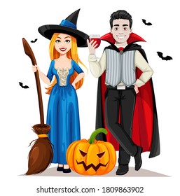 Happy Halloween. Cheerful vampire and beautiful witch cartoon characters. Vector illustration on white background