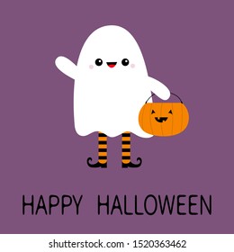 Happy Halloween. Child kid wearing ghost spirit costume. Pumpkin bag. Trick or treat. Funny creepy smiling face. Cute cartoon kawaii baby character. Eyes, teeth. Violet background. Flat design. Vector