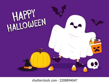 Happy Halloween. Child kid wearing ghost spirit costume. Pumpkin bag. Trick or treat. Funny creepy smiling face. Cute cartoon kawaii baby character.