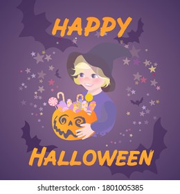 Happy Halloween. A child with a pumpkin in his hands and sweets. Vector illustration.