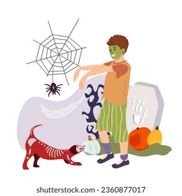 Happy Halloween child zombie. Funny creepy boy disguised in spooky costume for October holiday. Cute kid going to party with carnival decorations. Flat vector illustration isolated on white background