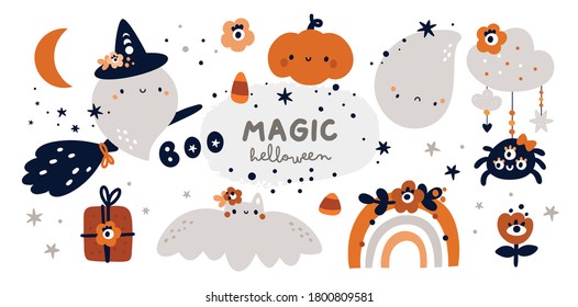 Happy Halloween childish collection with design elements. Halloween collection: ghost, witch, pumpkin, rainbow. Ideal for cards, poster, prints, anniversary, invitation and party decoration