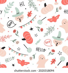 Feliz Halloween sin costuras infantil con zapatos bonitos y flores en un fondo blanco. Ideal para tejidos, textiles, papel pintado, impresiones, rayado, papel de embalaje, invitación y decoración de fiestas