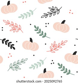 Happy Halloween childish seamless pattern with pink pumpkin and branches on a white background. Ideal for fabric, textile, wallpaper, prints scrapbooking wrapping paper invitation and party decoration