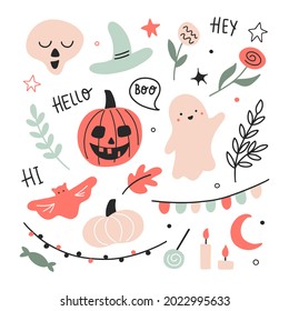 Happy Halloween childish set with cute design elements. Collectionfor baby: ghost, pumpkin, flowers. Ideal for cards, poster, fabric, textile, prints, anniversary, invitation party decoration, autumn