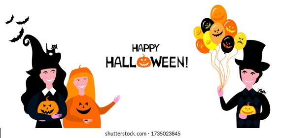 Happy Halloween. Children in carnival costumes. Celebration white background with pumpkin, cat, Funny kids and place for your text. Kids party invitation. Horizontal banner. Great for flyers, posters.