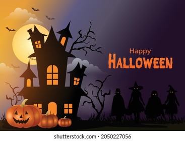 Happy Halloween. Children costume in Halloween fancy dress to go Trick or Treating. moon, Banner, Witch, Haunted House, Pumpkins and Bats. vector illustration background	