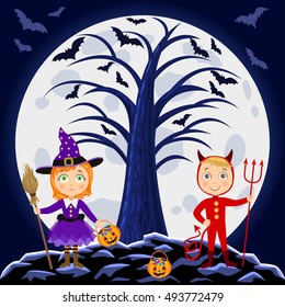 Happy Halloween. Children in halloween costumes. Devil and witch