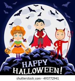 Happy Halloween. Children in halloween costumes. Vampire Dracula, pumpkin, devil