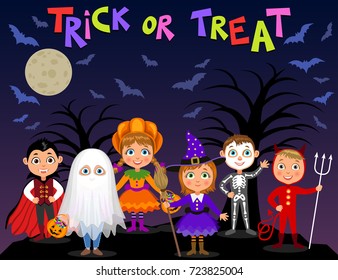 Happy Halloween. Children in halloween costumes. Vampire Dracula, devil, witch, pumpkin, ghost, skeleton. Boys and girls on nights background. Vector characters