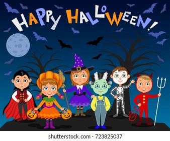 Happy Halloween. Children in halloween costumes. Vampire Dracula, devil, witch, pumpkin, zombie, skeleton. Boys and girls on nights background. Vector characters