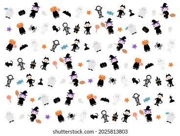 Happy Halloween. Children in disguise. Witch, pumpkin, ghost, black cat, mummy, skeleton, bat, spider, star, candy, haunted house, grave. Vector background illustration. 