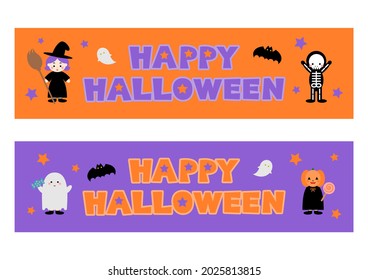Happy Halloween. Children in disguise. Witch, pumpkin, ghost, black cat, mummy, skeleton, bat. Vector illustration. Banner design.