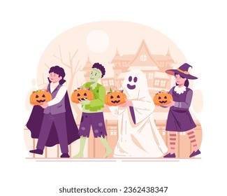 Happy Halloween. Children Dressed in Halloween Costumes Are Walking Around at Night to Get Some Candy Through Trick or Treating