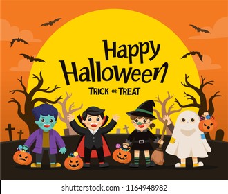 Happy Halloween. Children dressed in Halloween fancy dress to go Trick or Treating.Template for advertising brochure.