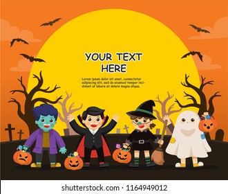 Happy Halloween. Children dressed in Halloween fancy dress to go Trick or Treating.Template for advertising brochure.