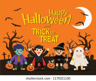 Happy Halloween. Children dressed in Halloween fancy dress to go Trick or Treating.Template for advertising brochure.