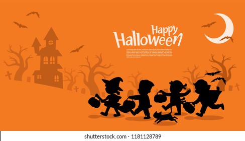 Happy Halloween. Children dressed in Halloween fancy dress to go Trick or Treating.Template for advertising brochure.