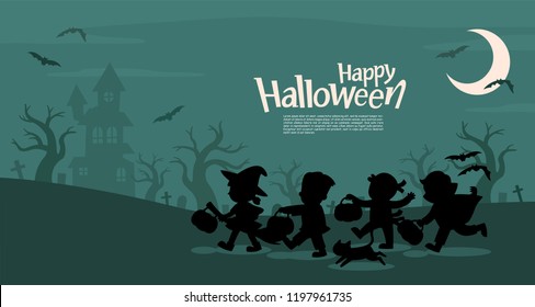 Happy Halloween. Children dressed in Halloween fancy dress to go Trick or Treating.
Template for advertising brochure.