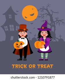 Happy Halloween. Children dressed in Halloween fancy dress to go Trick or Treating. Illustration in cartoon style.