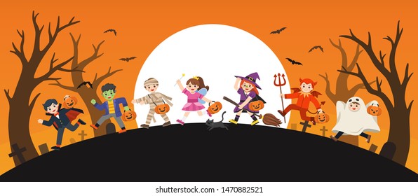 Feliz Halloween. Los niños vestidos con ropa de lujo de Halloween van a Trick o Treating. Plantilla para folleto publicitario.