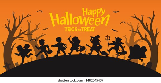 Happy Halloween. Children dressed in Halloween fancy dress to go Trick or Treating.Template for advertising brochure.