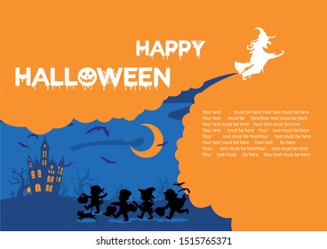 Happy Halloween. Children dressed in Halloween fancy dress to go Trick or Treating. Orange background for your text.